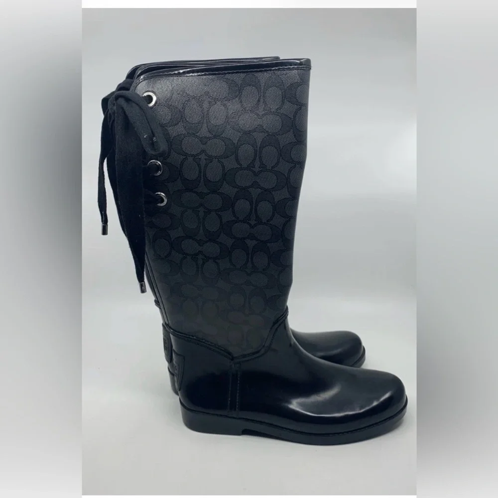 COACH Tristee Tall Knee High Rain Boots Black Logo Monogram Tie Back SZ 11 chic